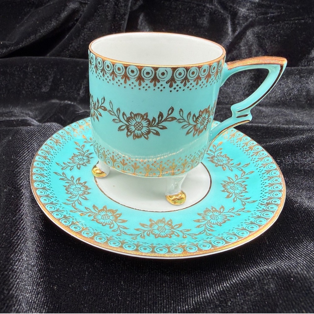 Mitterteich Bavaria Tea Cup Saucer Set Turquoise Blue Gold Footed 049